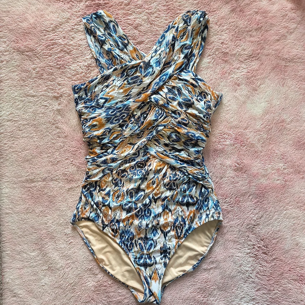 Garnet Hill Blue Print One-Piece Swimsuit    Gently Used.  Size 14